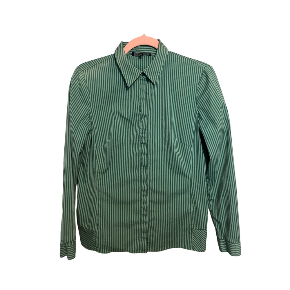 Lafayette 148‎ Women’s Green Stripe Hidden Button Up Long Sleeve Collar Shirt 6